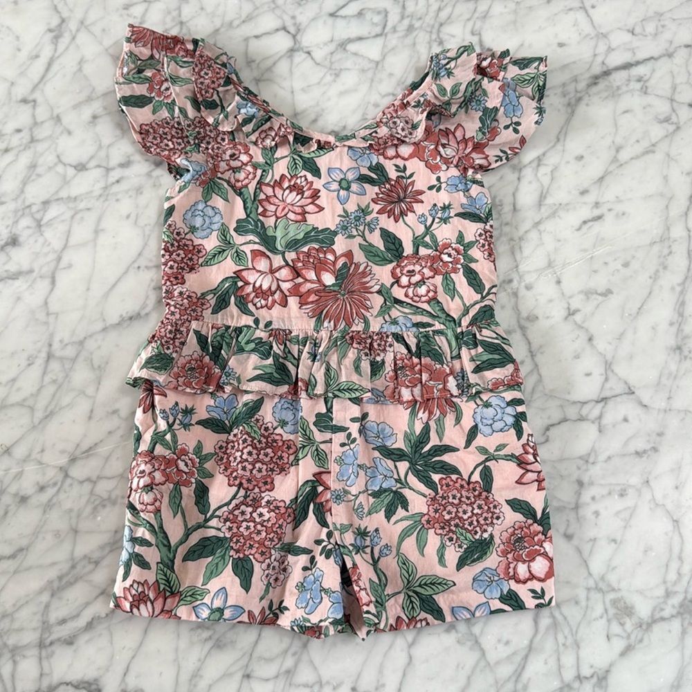 Janie and Jack Veiled Rose Peplum Floral Romper 4T